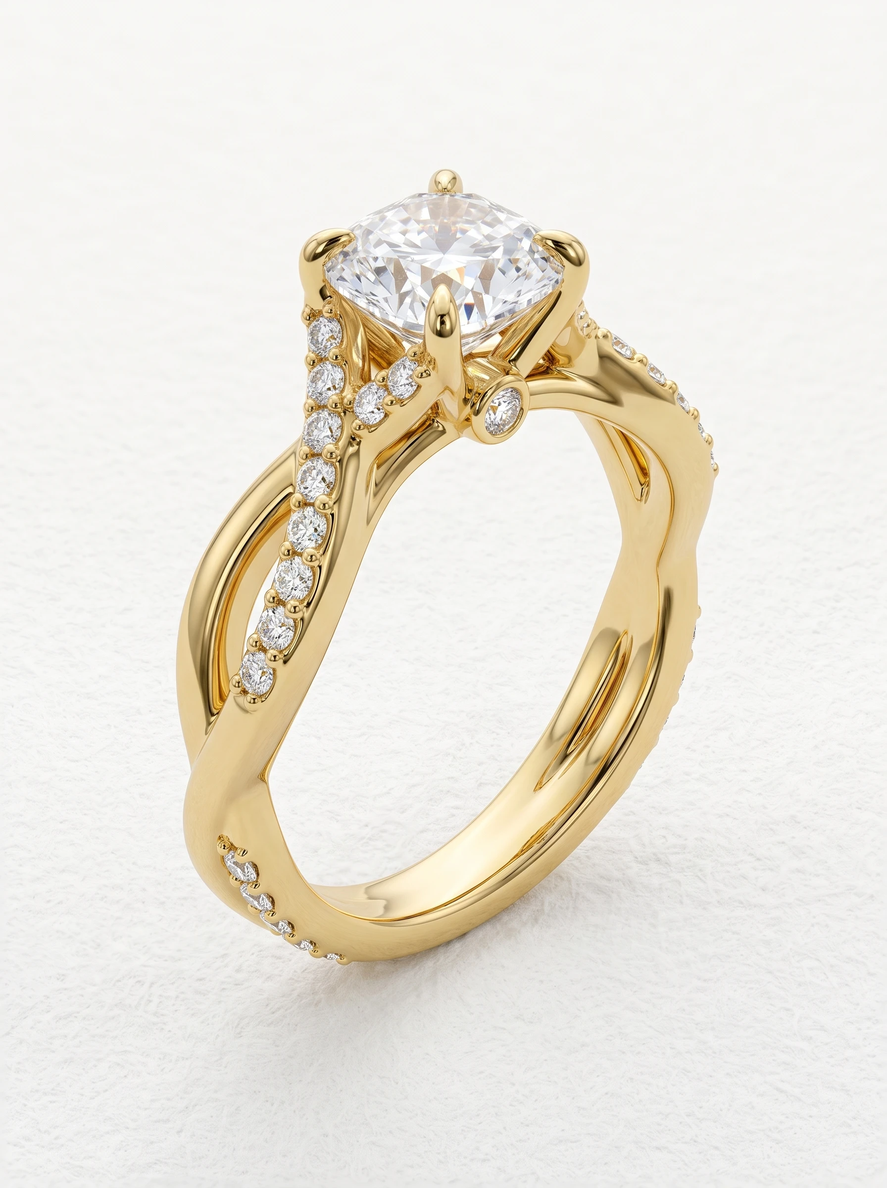Cushion cut twisted pave engagement ring in yellow gold standing upright, pave strand crossing the band