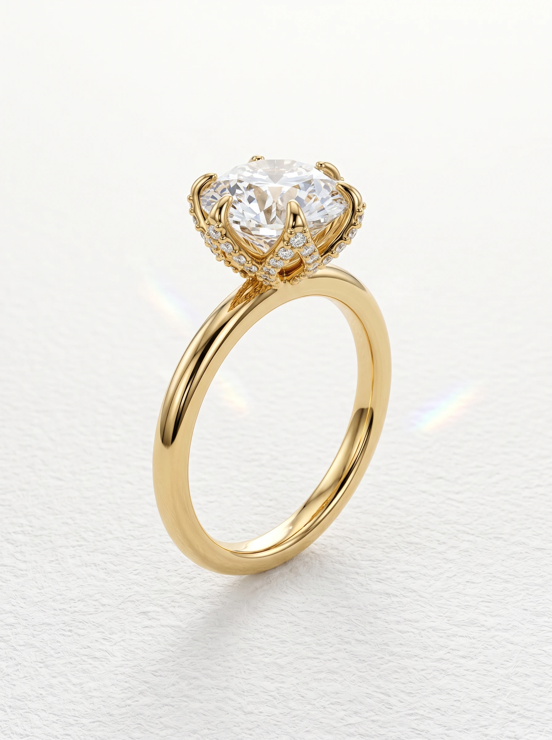Round pave tulip engagement ring in yellow gold standing upright, six claw prongs and pavé petal basket
