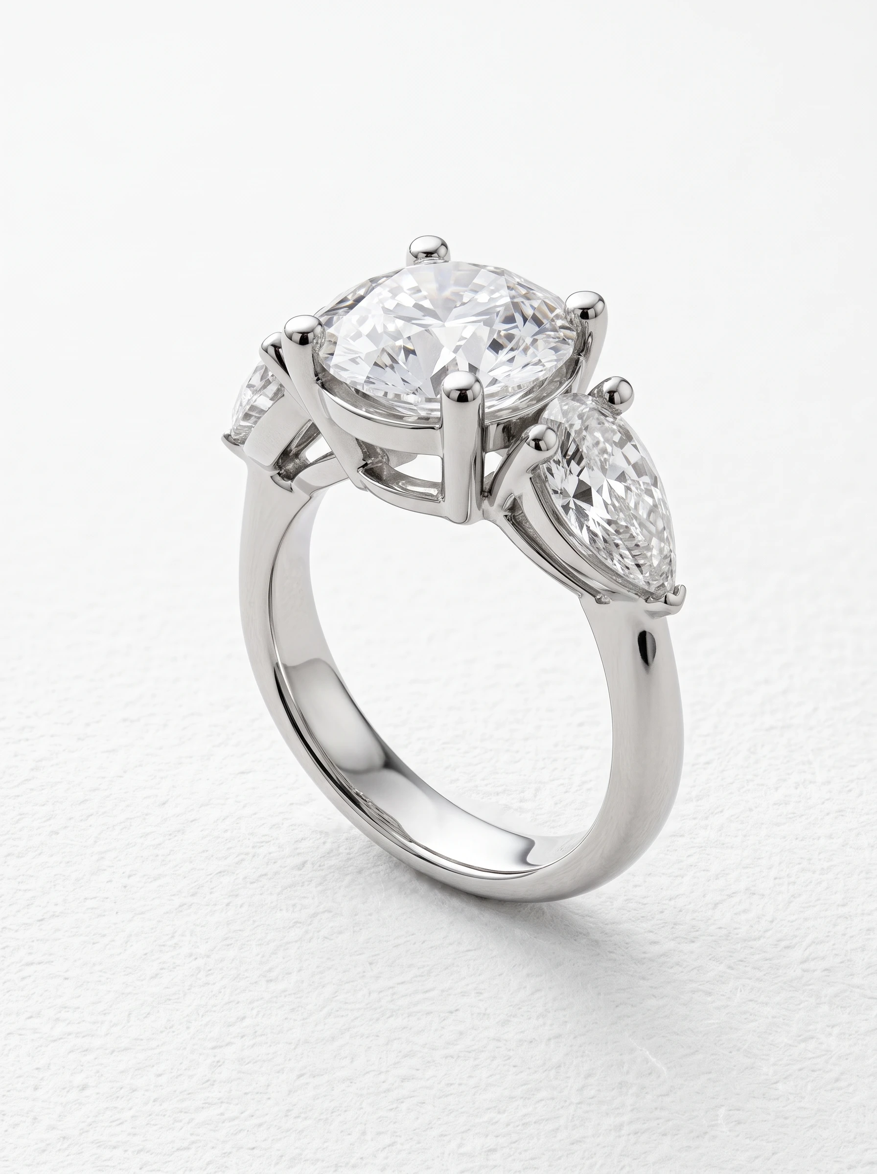 Round and pear three stone engagement ring in platinum standing upright, four-prong basket center