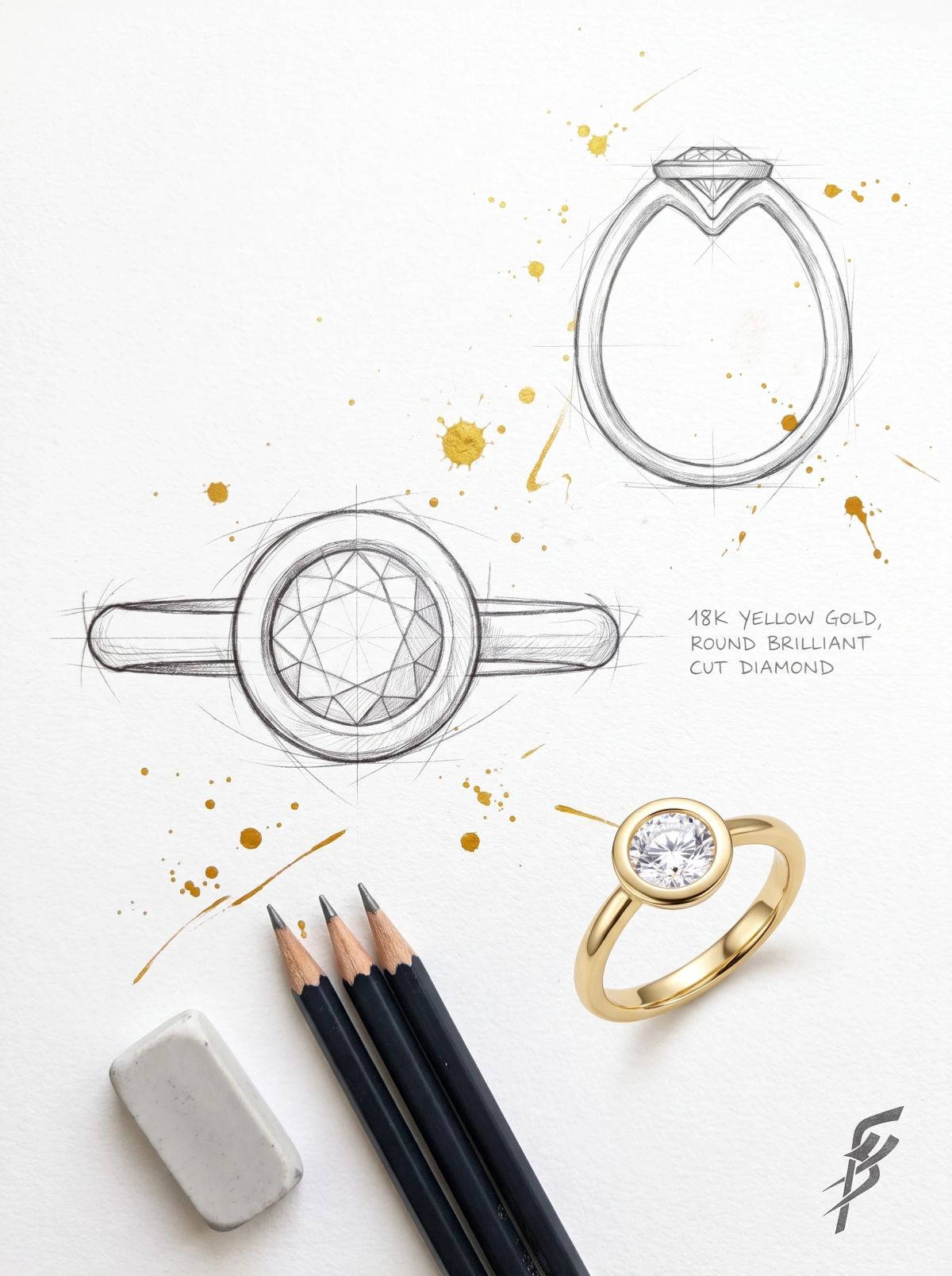 Planche de design d'un solitaire serti clos : croquis au crayon de dessus et de profil et bague en or jaune