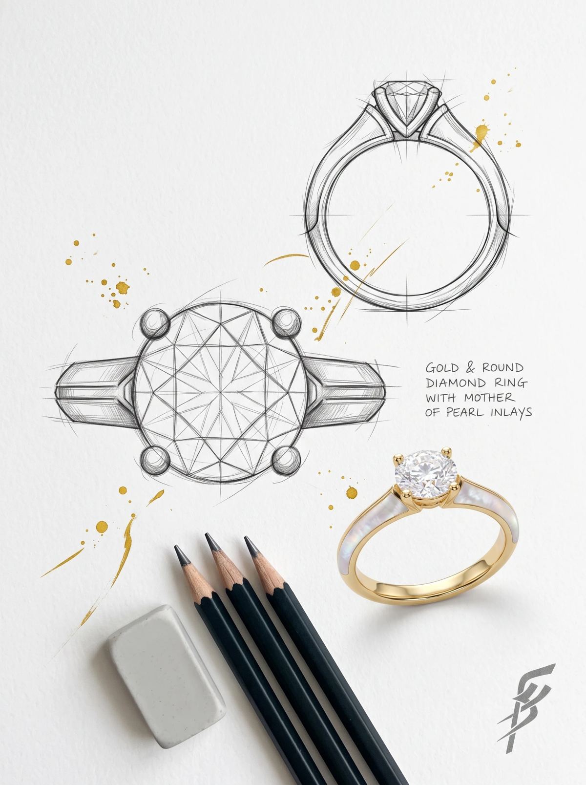 Planche de design d'un solitaire rond : deux croquis au crayon à côté de la bague en or et nacre
