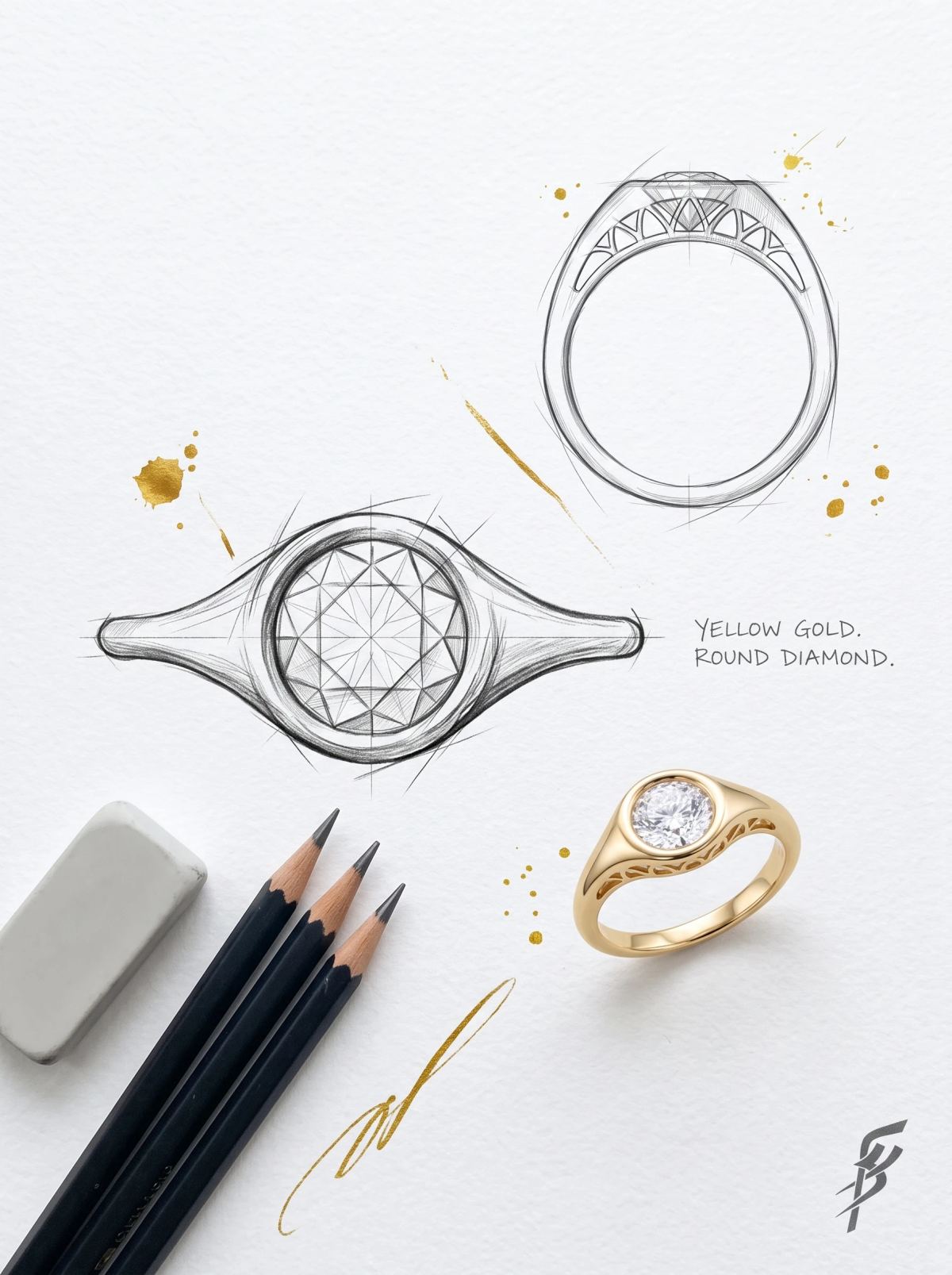 Planche de design d'une chevalière en serti clos : croquis au crayon de dessus et de côté, bague en or jaune