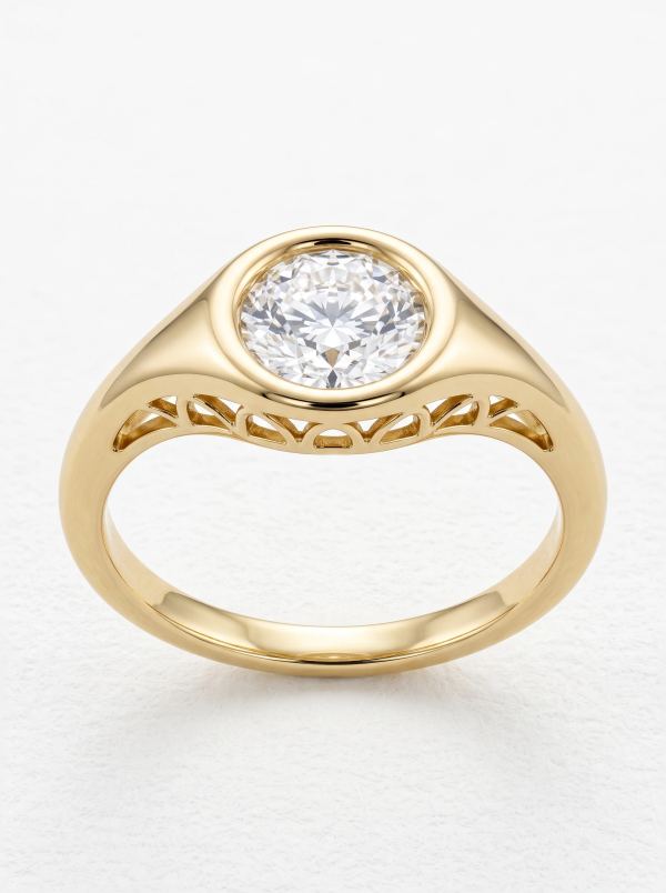 Bague de fiançailles chevalière diamant rond en or jaune, vue de face du serti clos et de l'anneau effilé