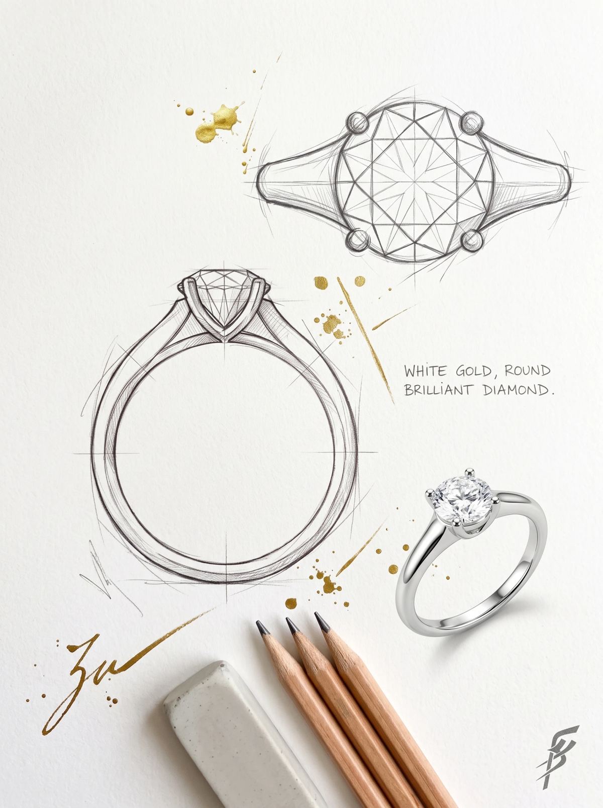 Planche de design d'un solitaire rond : croquis au crayon de dessus et de profil près de la bague en or blanc
