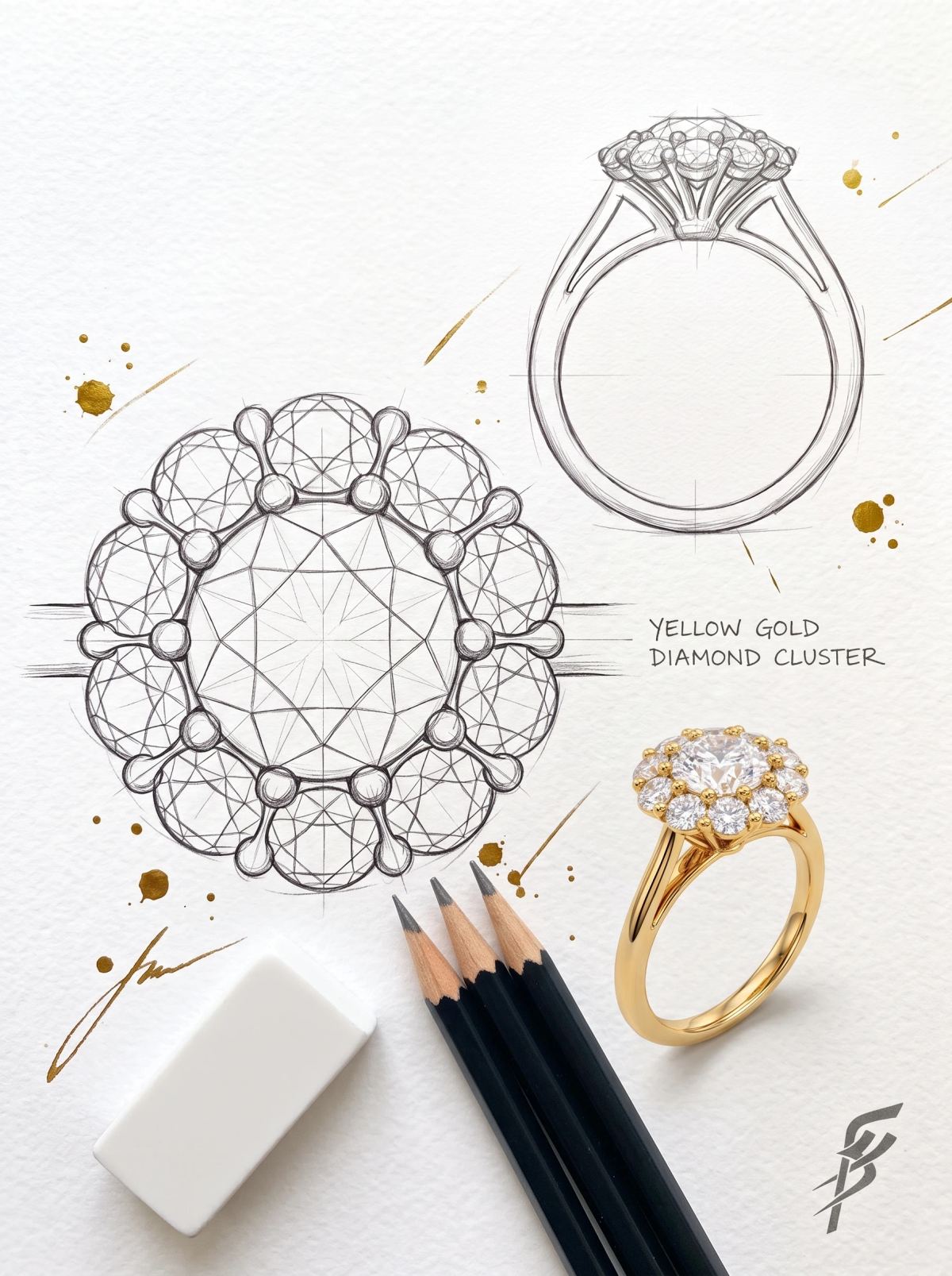 Planche de design d'une bague halo fleur : deux croquis au crayon à côté de la bague en or jaune