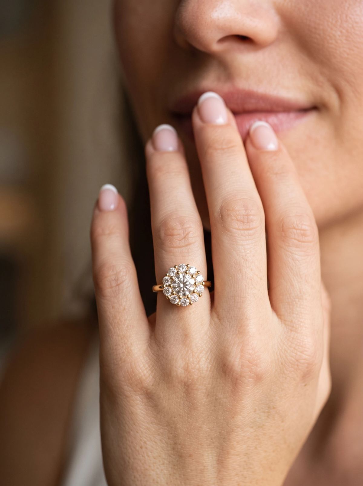 Bague de fiançailles halo fleur en or jaune portée sur une main posée près des lèvres