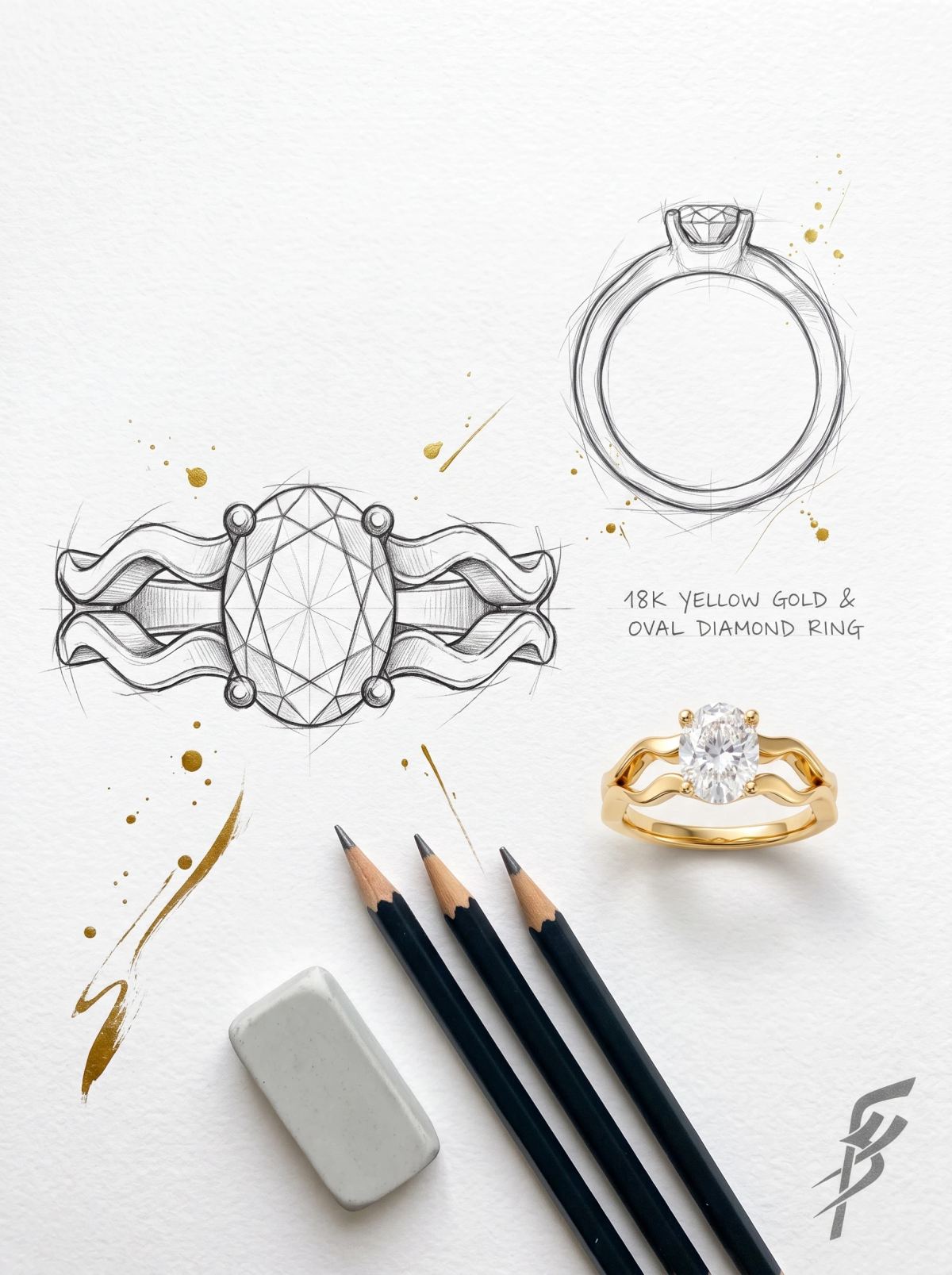 Planche de design d'une bague ovale à anneau divisé : croquis au crayon de dessus et de côté, bague en or jaune