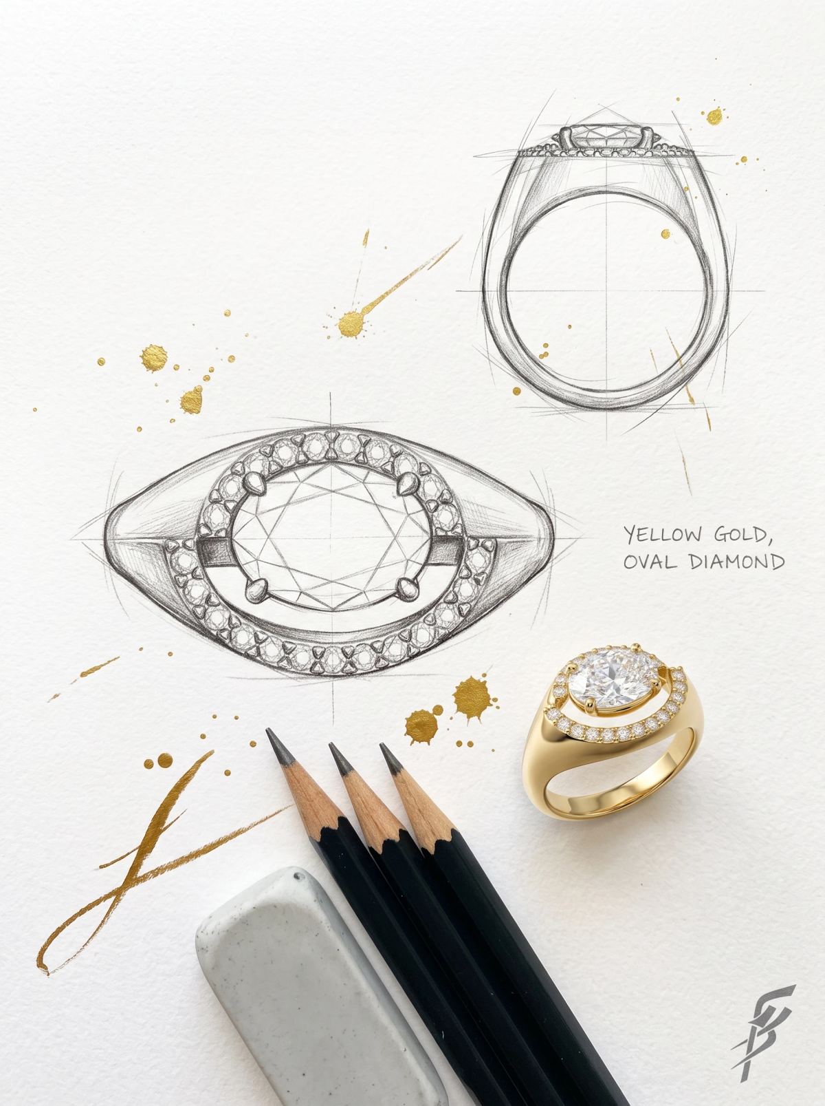 Planche de design d'une bague ovale à halo décalé : croquis de dessus et de profil près de la bague en or jaune