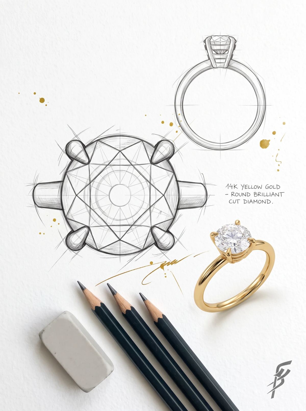Planche de design d'un solitaire rond : croquis au crayon de dessus et de profil à côté de la bague en or jaune