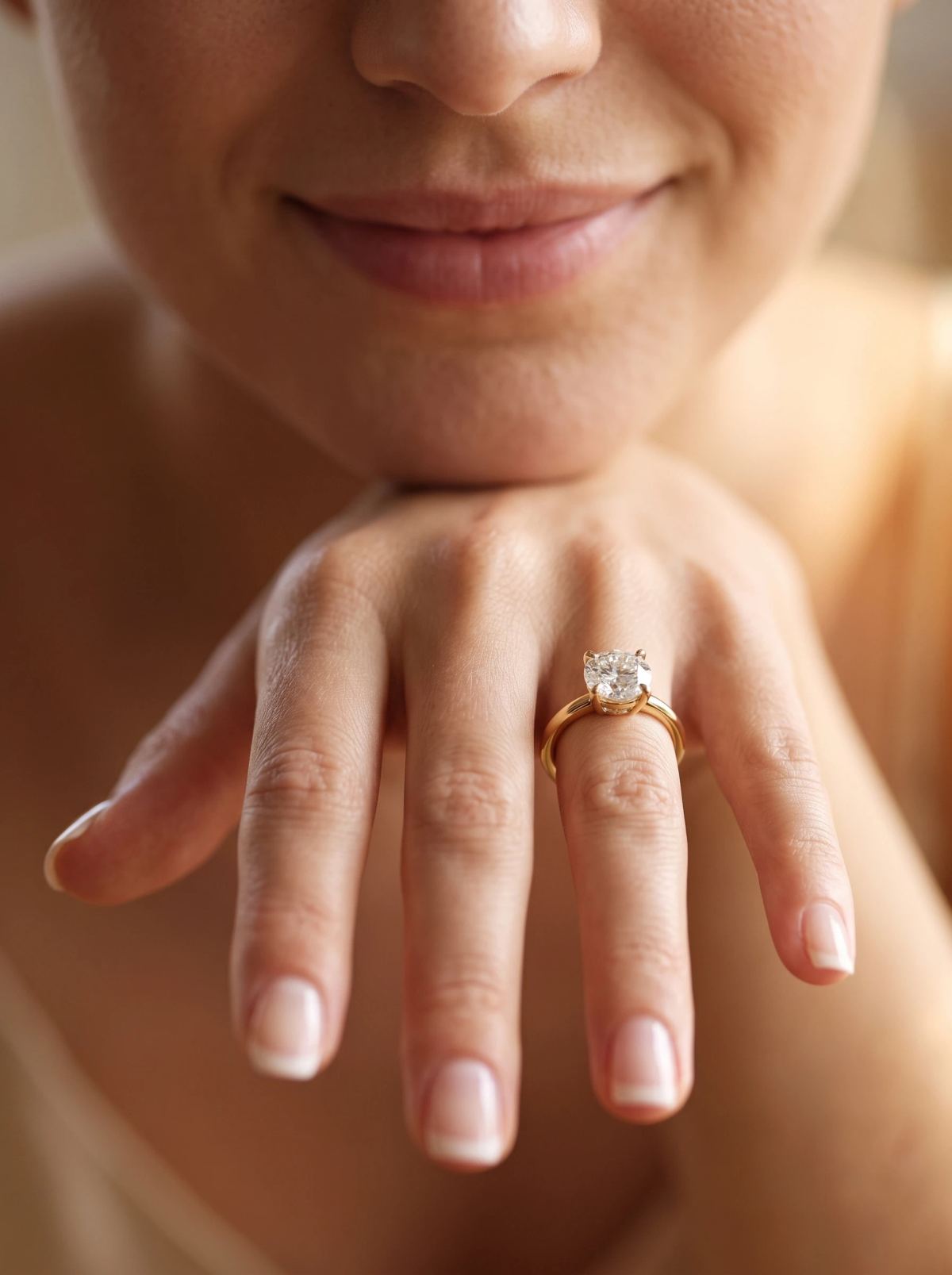 Bague de fiançailles ronde surélevée en or jaune portée sur une main posée sous le menton