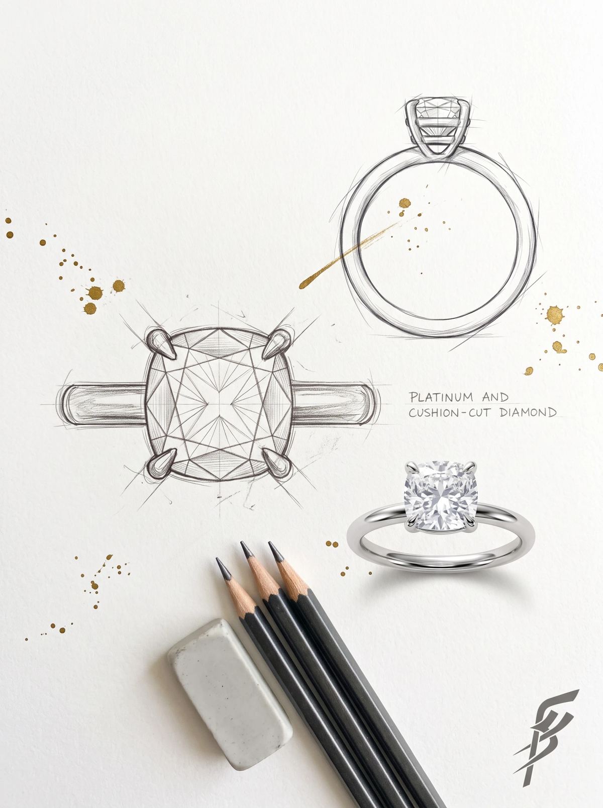 Planche de design d'un solitaire coussin : croquis au crayon de dessus et de profil à côté de la bague en platine