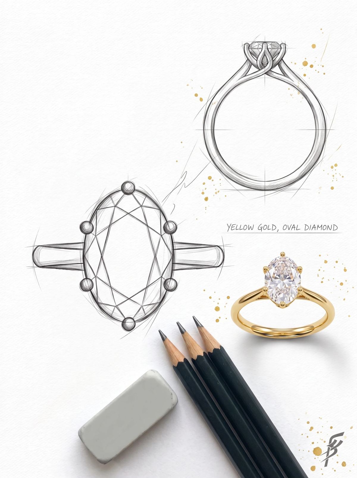 Planche de design d'un solitaire ovale : croquis au crayon de dessus et de face près de la bague en or jaune