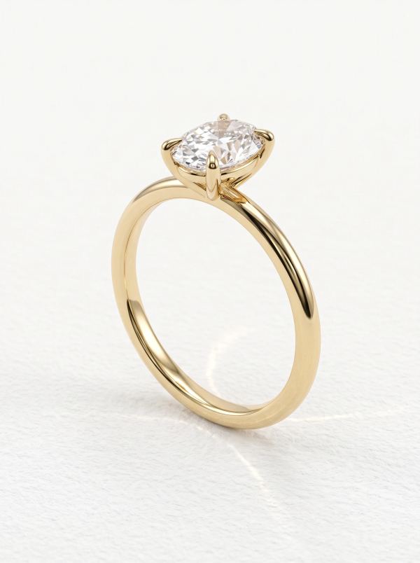 Oval solitaire engagement ring in yellow gold standing upright, four claw prongs on a thin polished band