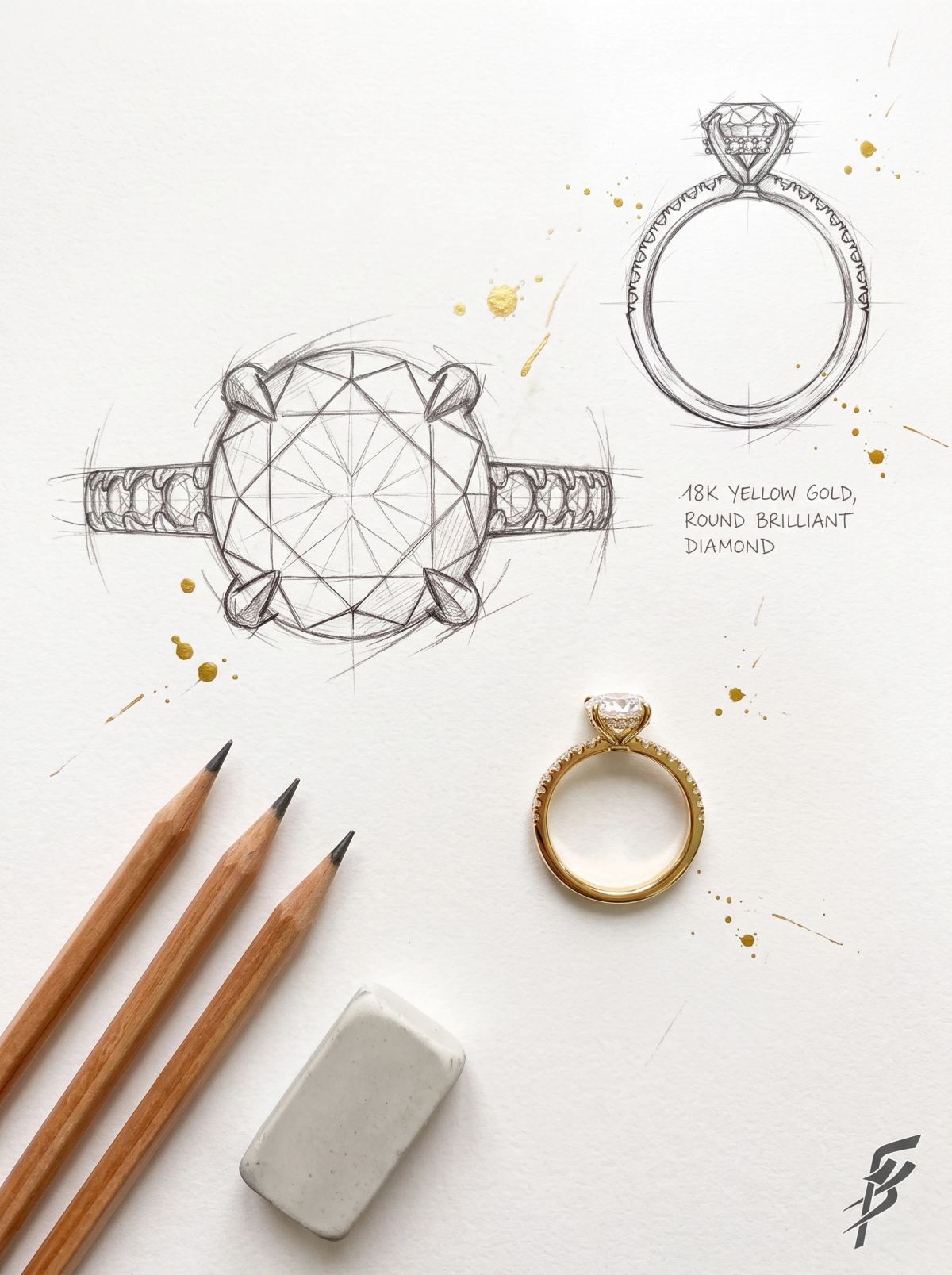 Planche de design d'une bague à halo caché : deux croquis au crayon à côté de la bague en or jaune