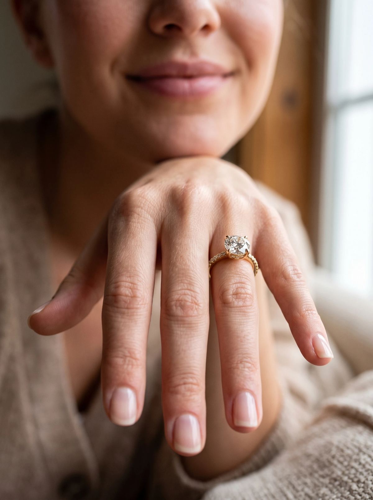 Bague de fiançailles à diamant rond en or jaune portée sur une main posée sous le menton
