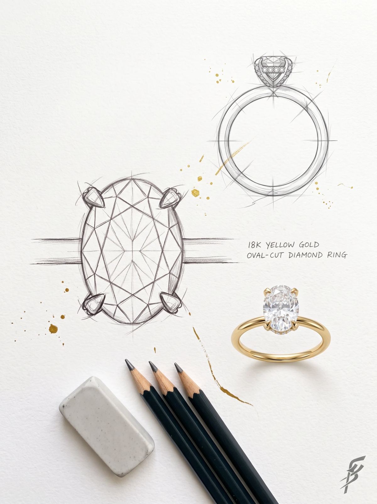 Planche de design d'une bague ovale à halo caché : croquis de dessus et de profil près de la bague en or jaune