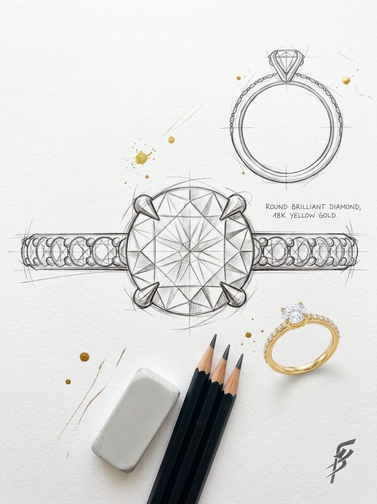 Planche de design d'un solitaire rond pavé : croquis au crayon de dessus et de profil et bague en or jaune