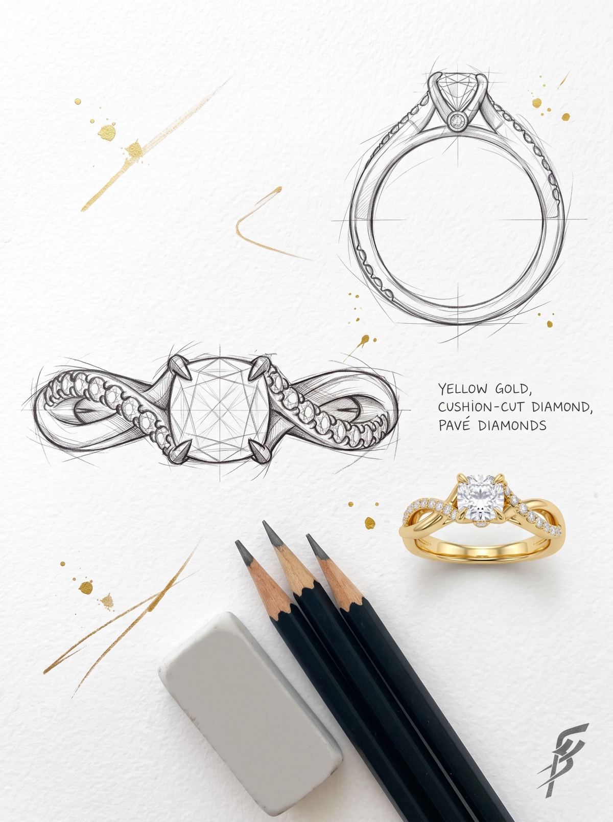 Planche de design d'une bague coussin torsadée : croquis au crayon de dessus et de face et bague en or jaune