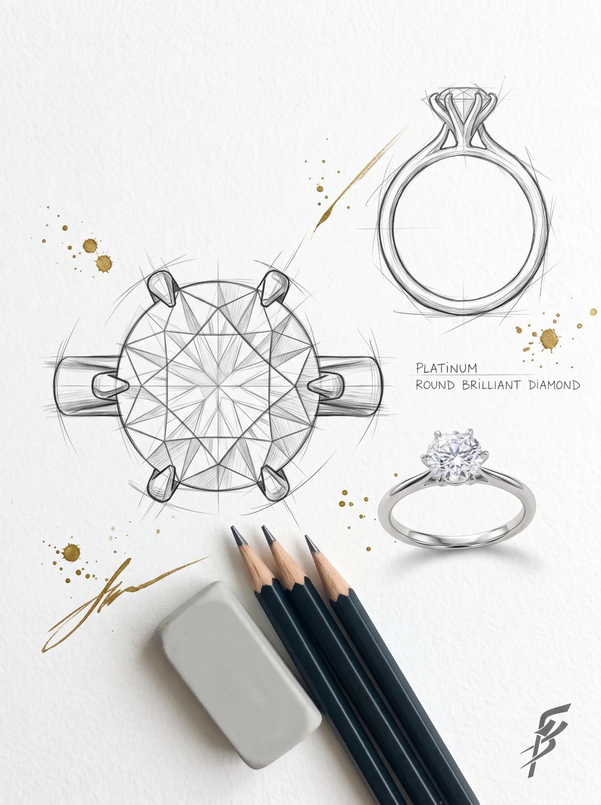 Planche de design d'un solitaire six griffes : croquis au crayon de dessus et de profil, bague en platine