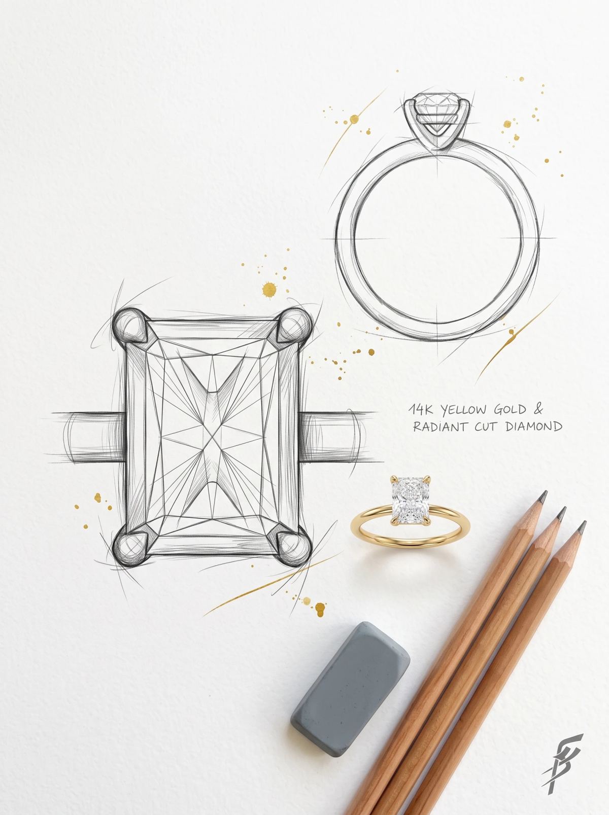 Planche de design d'un solitaire radiant : deux croquis au crayon à côté de la bague en or jaune