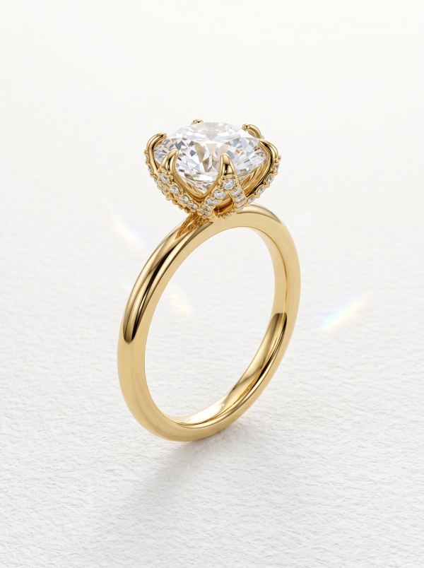 Bague de fiançailles ronde tulipe pavée en or jaune posée droite, six griffes et panier de pétales pavés