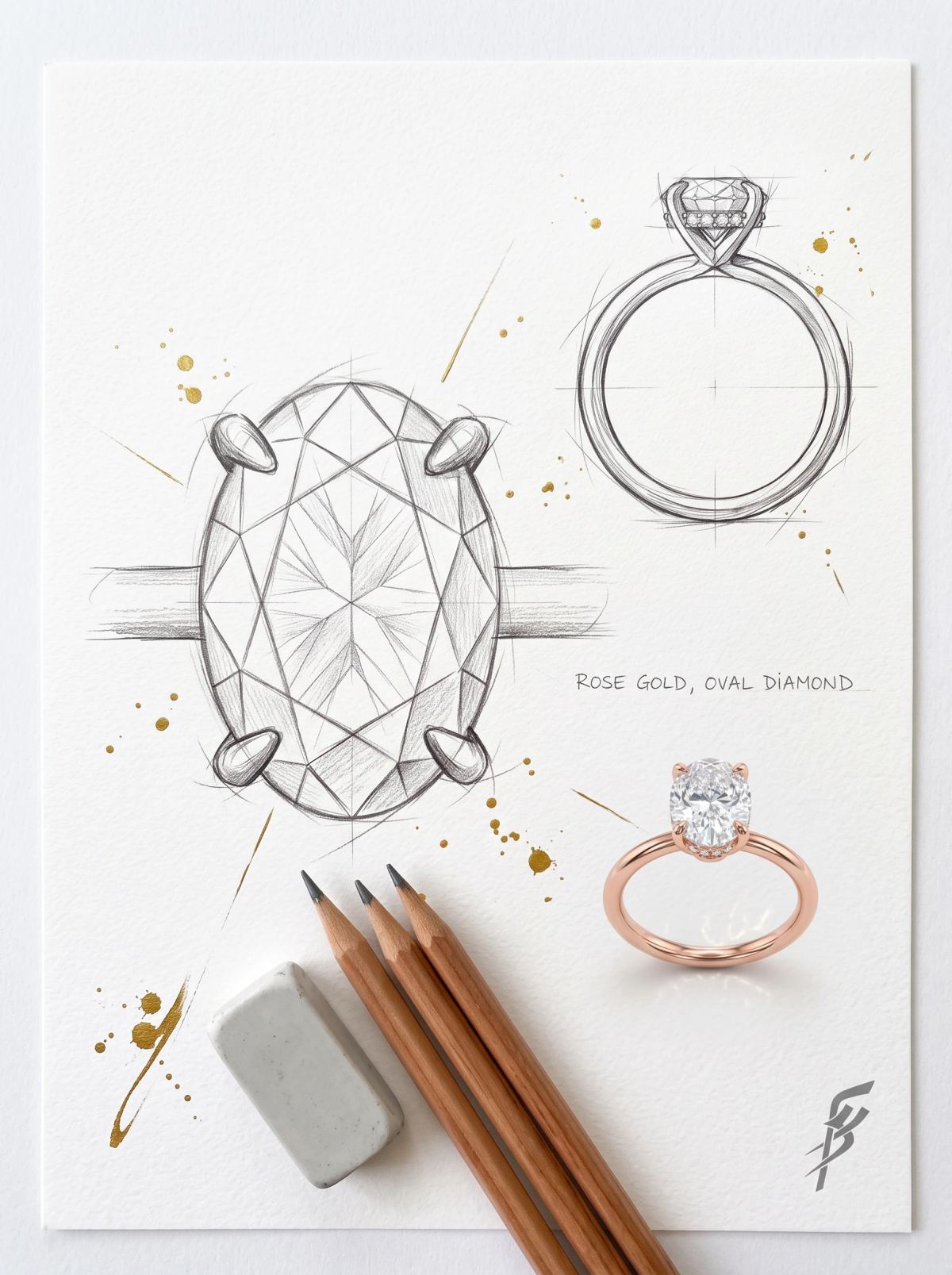 Planche de design d'une bague ovale à halo caché : croquis de dessus et de profil près de la bague en or rose