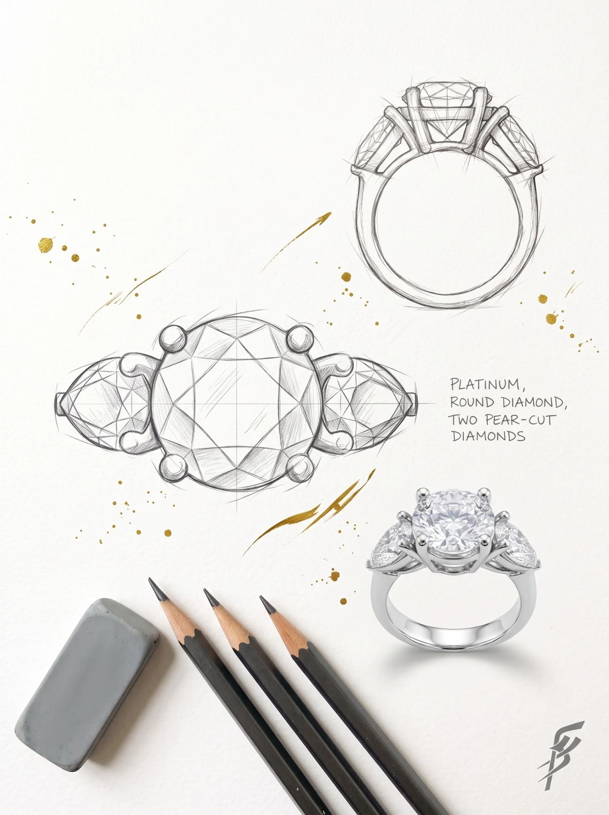 Planche de design d'une bague trilogie : croquis de dessus et de profil à côté de la bague en platine