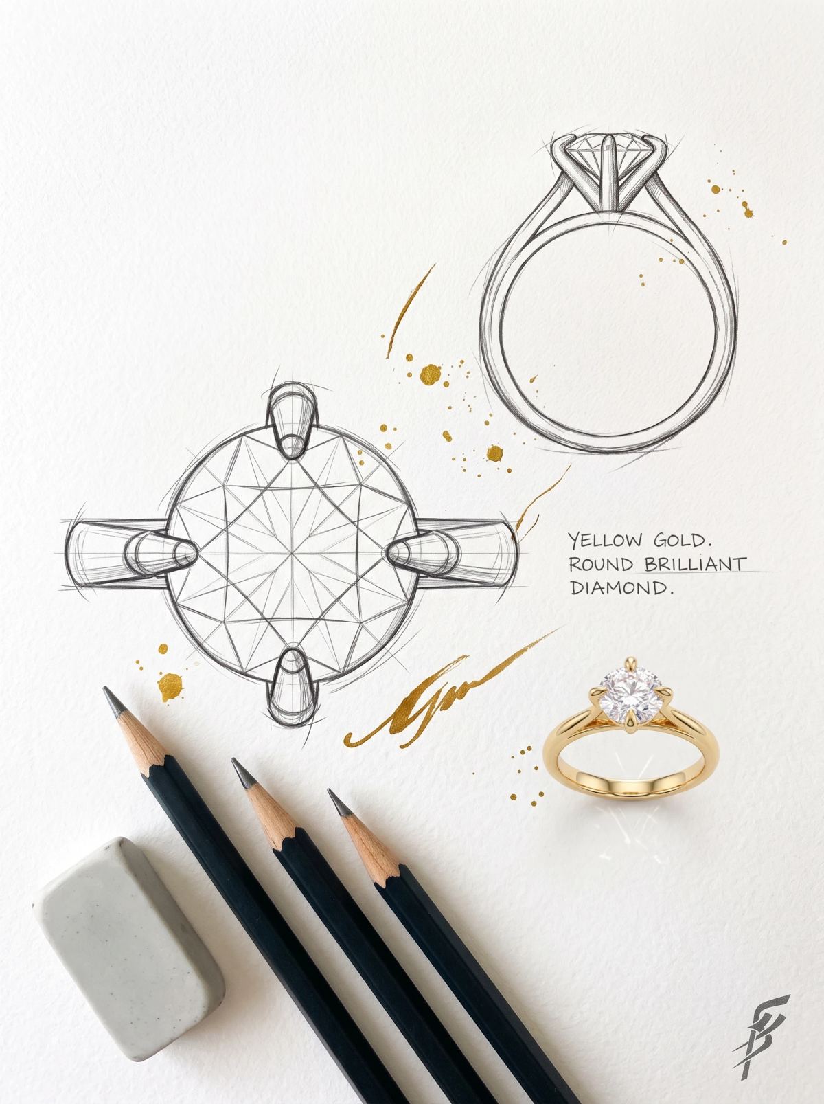 Planche de design d'un solitaire rond : deux croquis au crayon à côté de la bague en or jaune