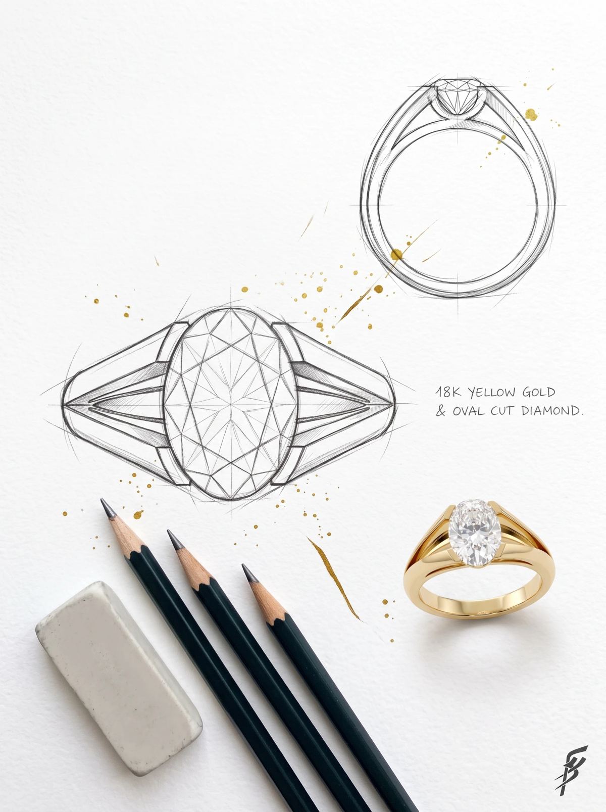 Planche de design d'une bague ovale à anneau divisé : croquis de dessus et de profil et bague en or jaune