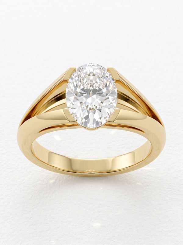 Bague de fiançailles ovale à barrettes en or jaune posée droite, anneau divisé et quatre barrettes plates