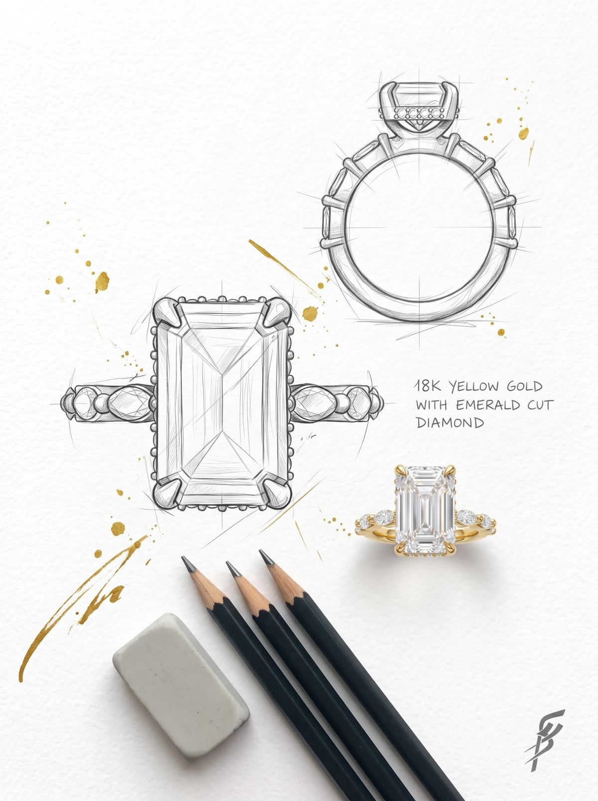 Planche de design d'une bague taille émeraude à halo caché : croquis de dessus et de profil et bague en or jaune