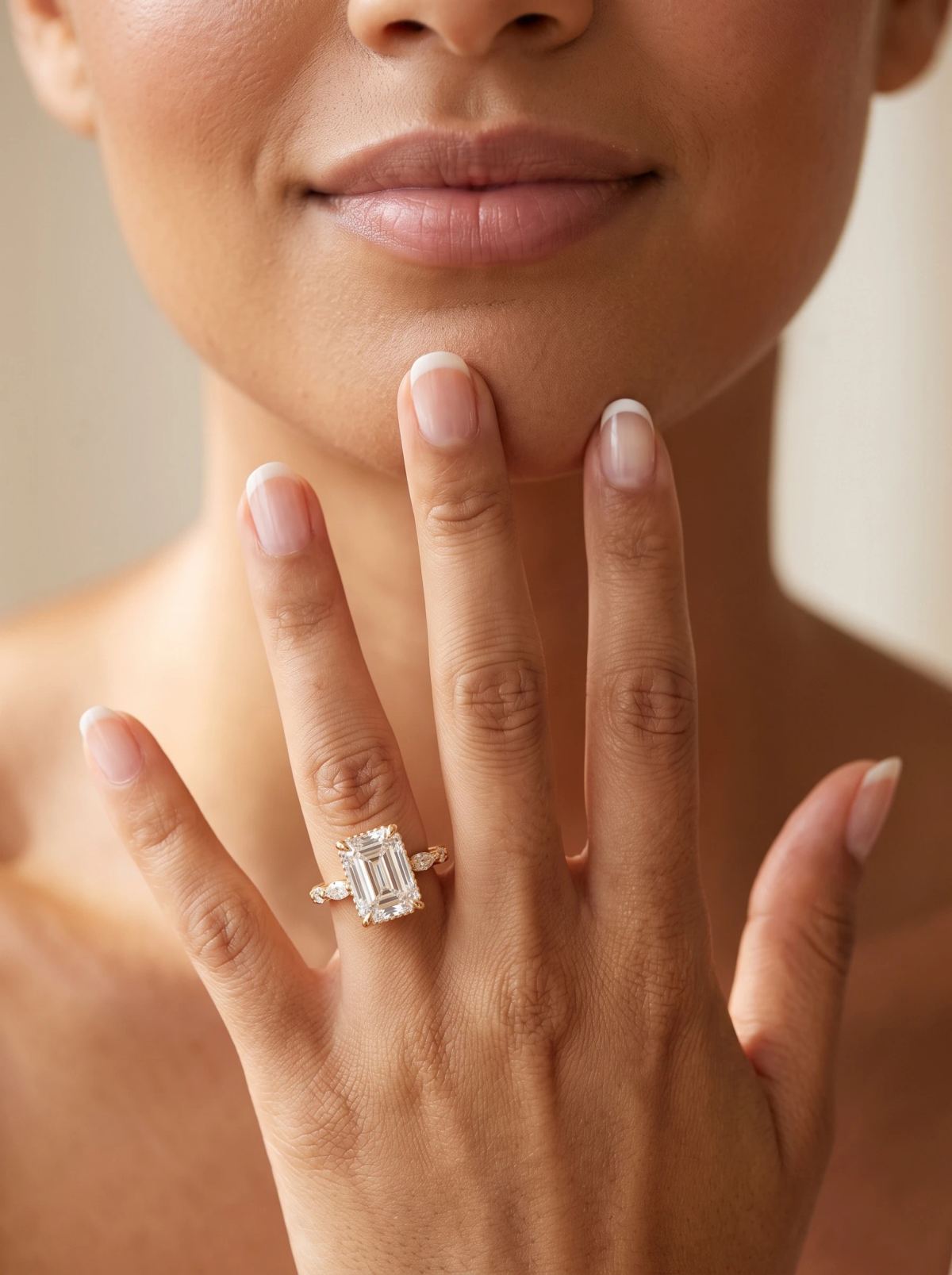 Bague de fiançailles taille émeraude à anneau de marquises en or jaune portée sur une main ouverte