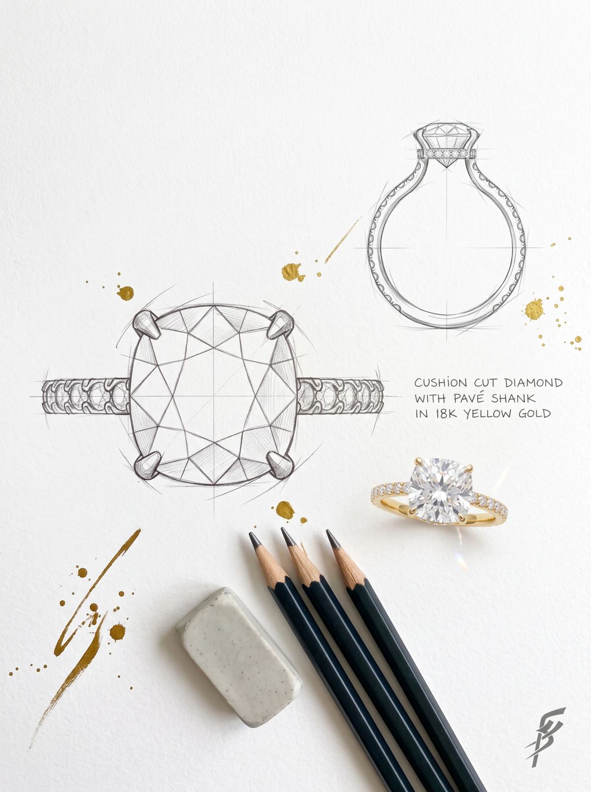 Planche de design d'une bague coussin à halo caché : deux croquis au crayon à côté de la bague en or jaune