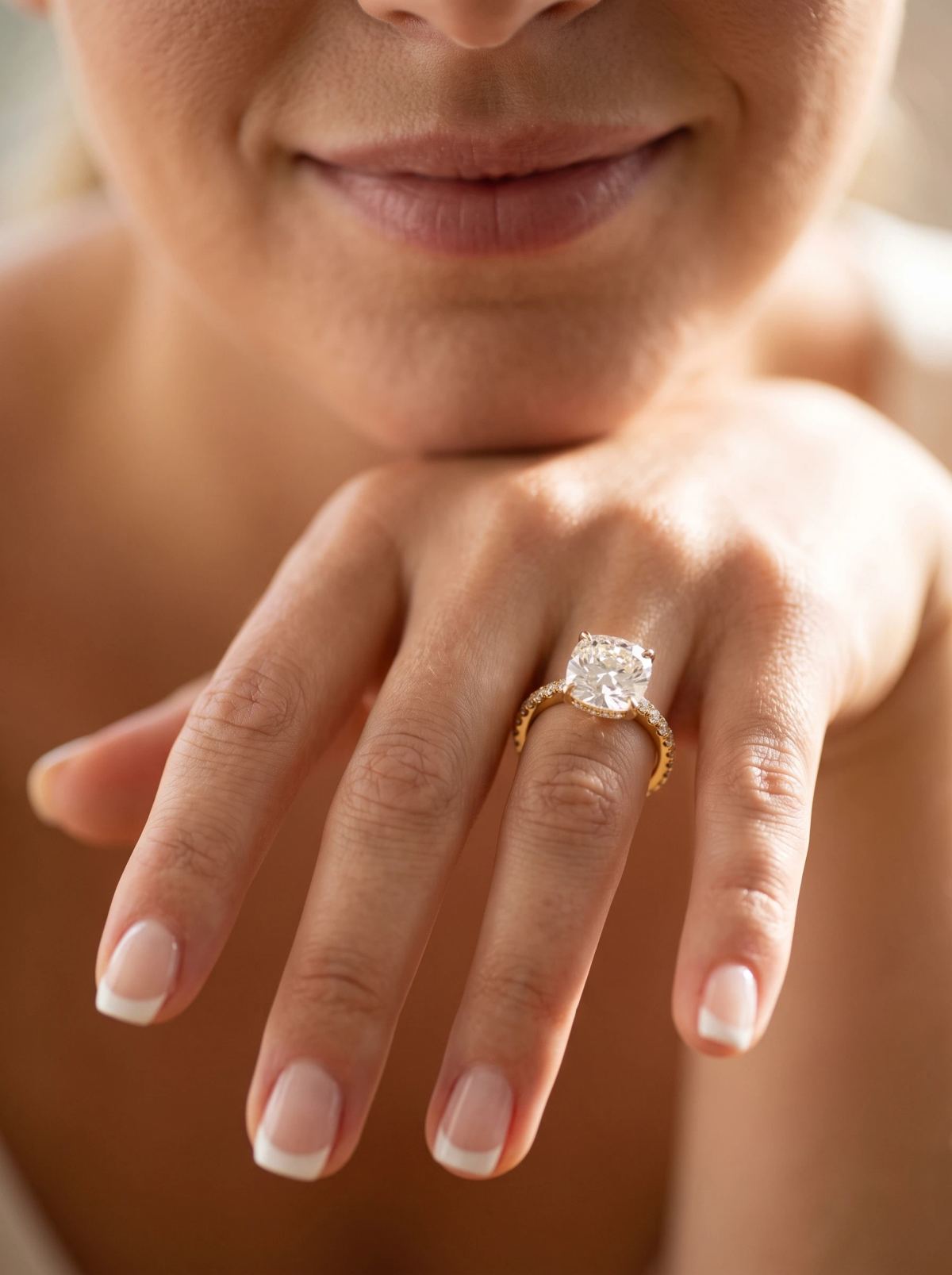 Bague coussin à halo caché portée à la main, tenue sous le menton