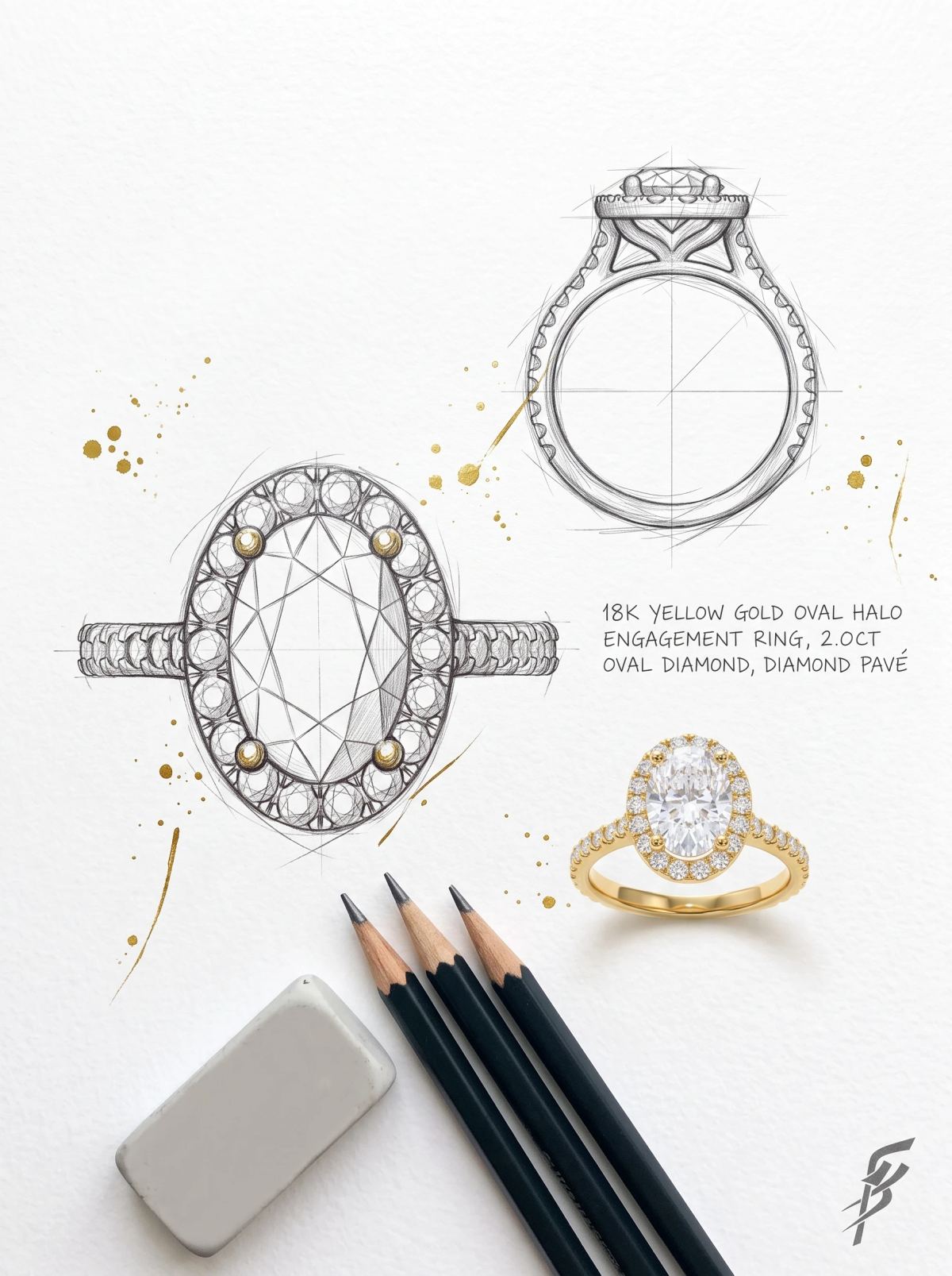 Planche de design d'une bague halo ovale : deux croquis au crayon à côté de la bague en or jaune