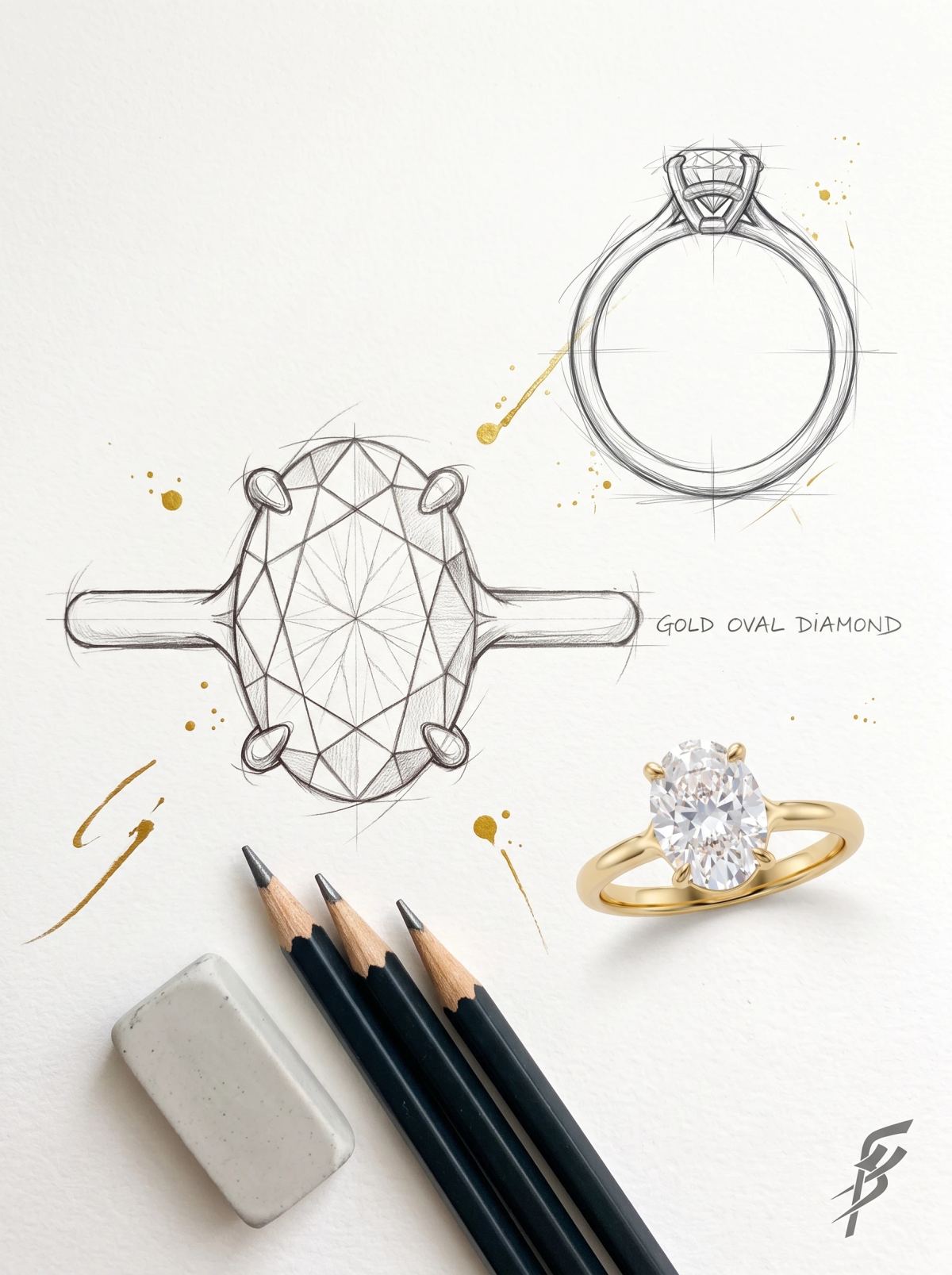 Planche de design d'un solitaire ovale cathédrale : deux croquis au crayon et la bague en or jaune