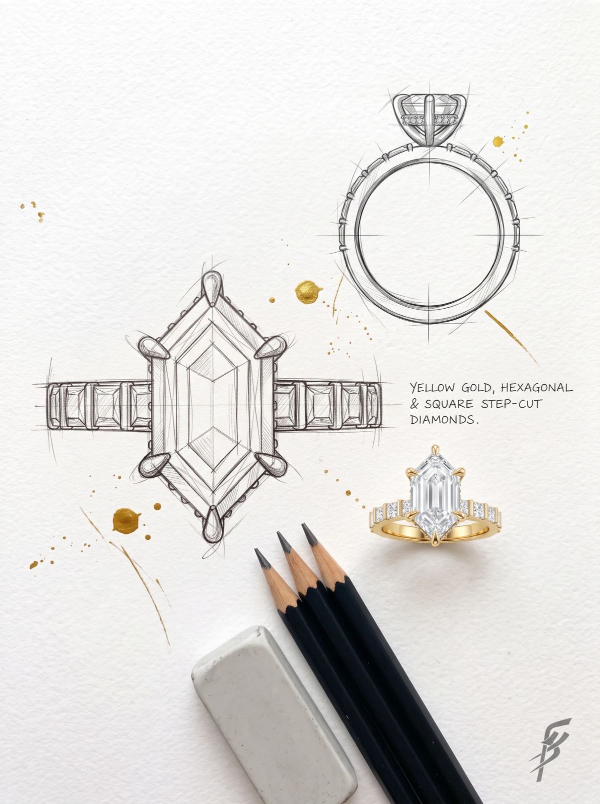 Planche de design d'une bague hexagonale : croquis au crayon de dessus et de côté près de la bague en or jaune