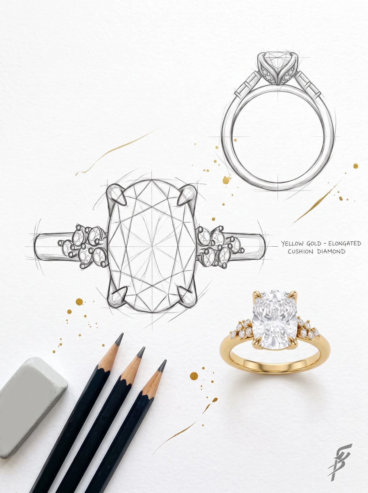 Planche de design d'une bague coussin allongé : croquis de dessus et de profil près de la bague en or jaune