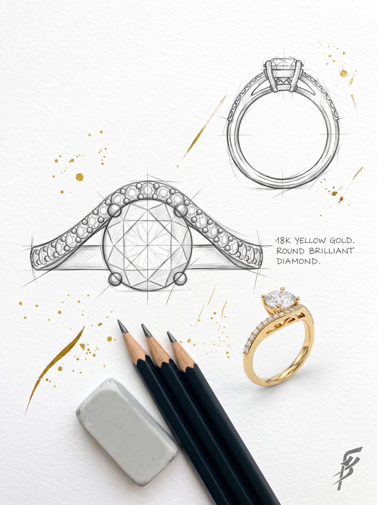 Planche de design d'un solitaire rond pavé : deux croquis au crayon à côté de la bague en or jaune
