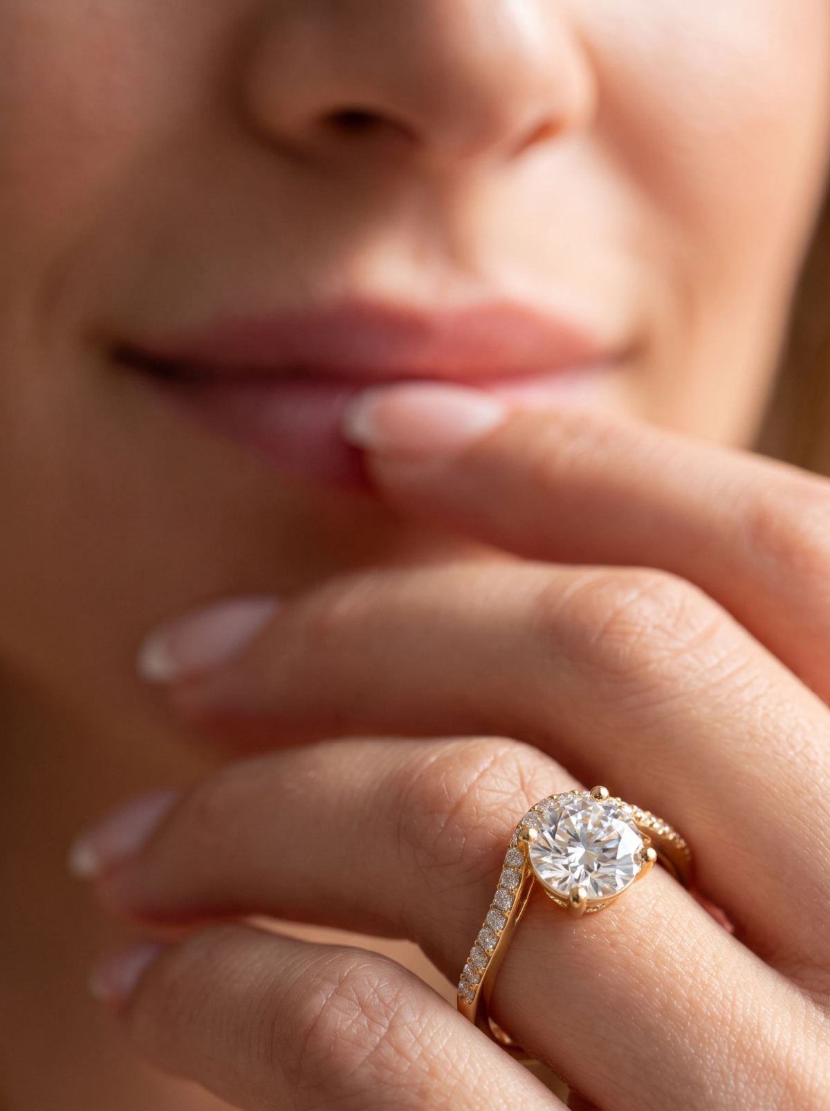 Bague de fiançailles en or jaune avec diamant rond et bras pavés portée à la main près des lèvres