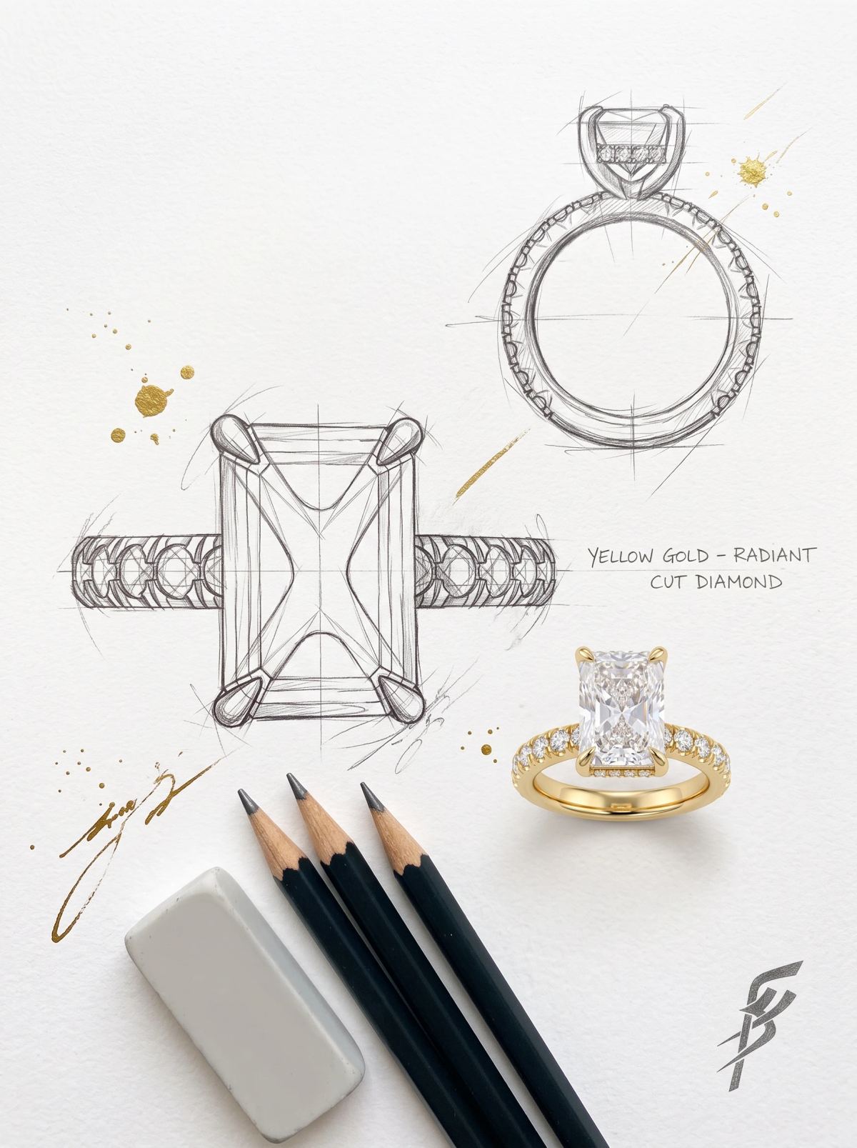 Planche de design d'une bague radiant à halo caché : croquis de dessus et de profil à côté de la bague en or jaune