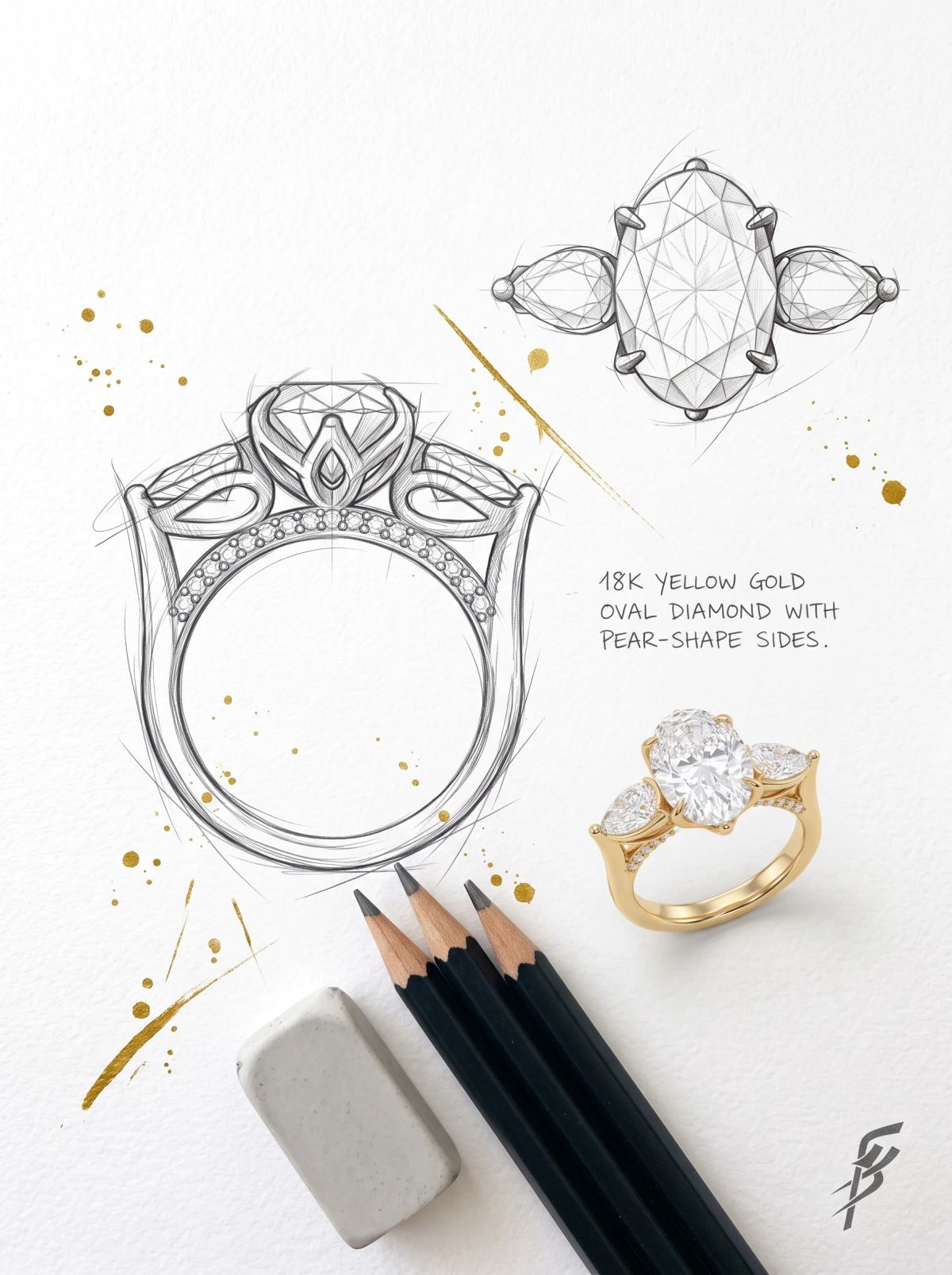 Planche de design d'une bague trilogie ovale : deux croquis au crayon à côté de la bague en or jaune