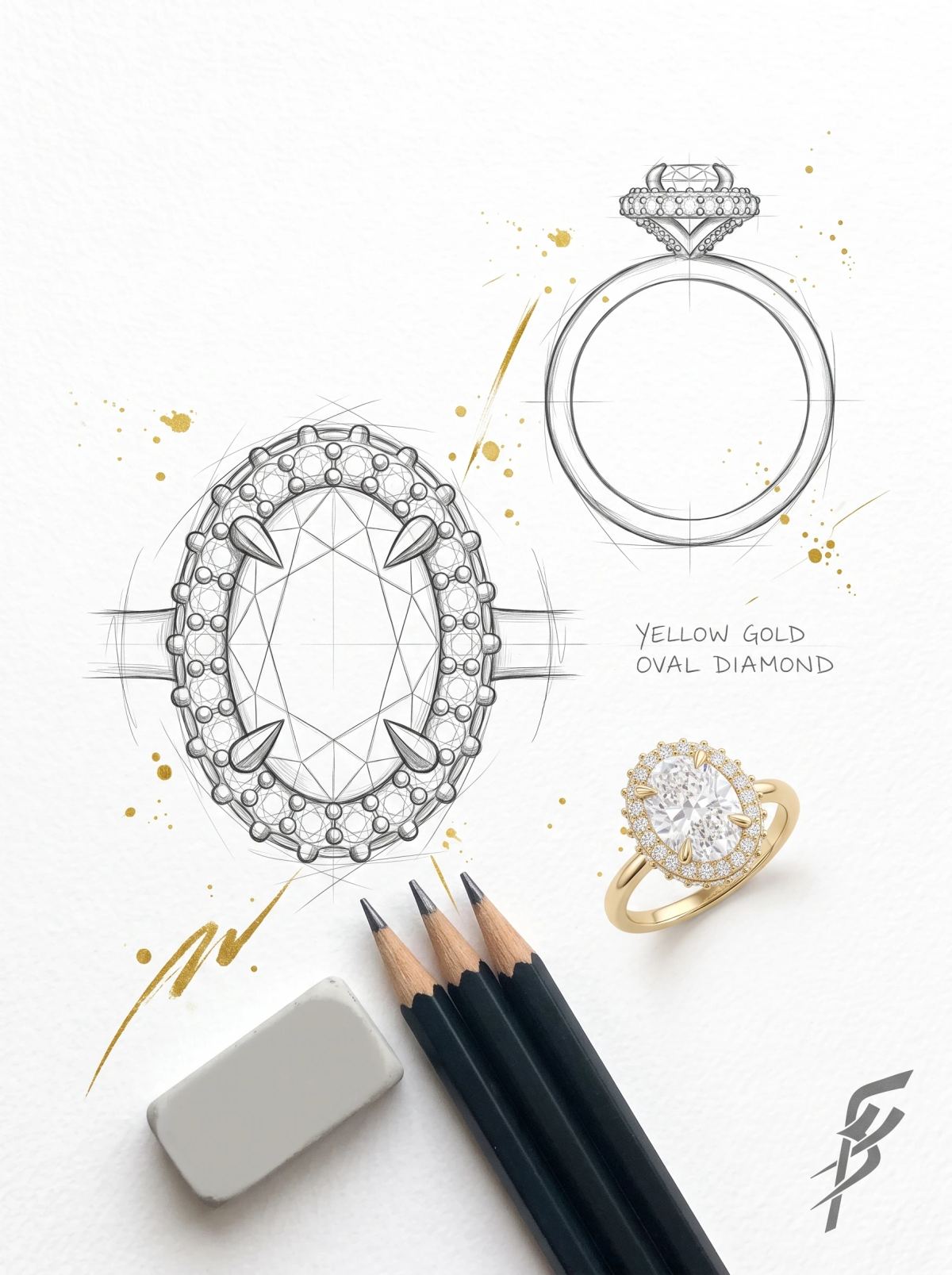 Planche de design d'une bague ovale double halo : croquis de dessus et de profil à côté de la bague en or jaune