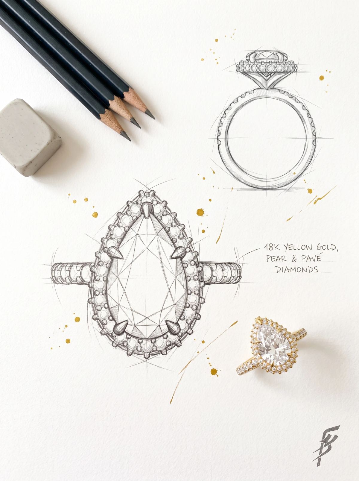 Planche de design d'une bague poire à double halo : deux croquis au crayon près de la bague en or jaune