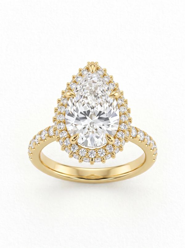 Bague de fiançailles poire double halo en or jaune, vue de face, cinq griffes et anneau pavé de diamants