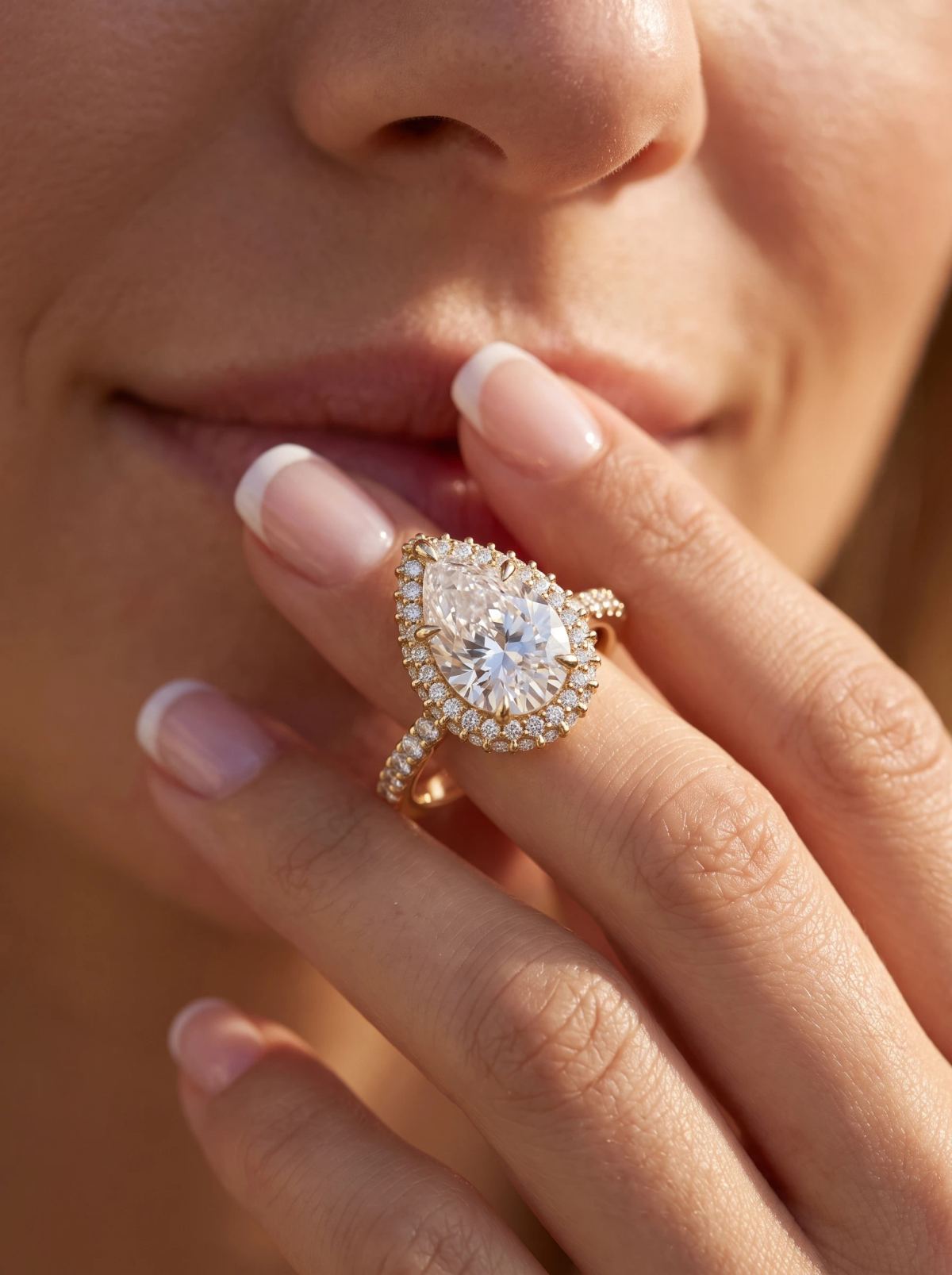 Bague en or jaune à diamant poire et double halo, portée à la main levée contre les lèvres